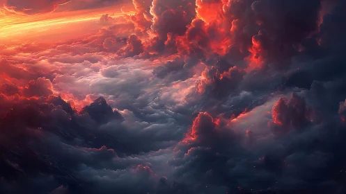 Volcanic storm clouds over ethereal mountain horizon at dusk.