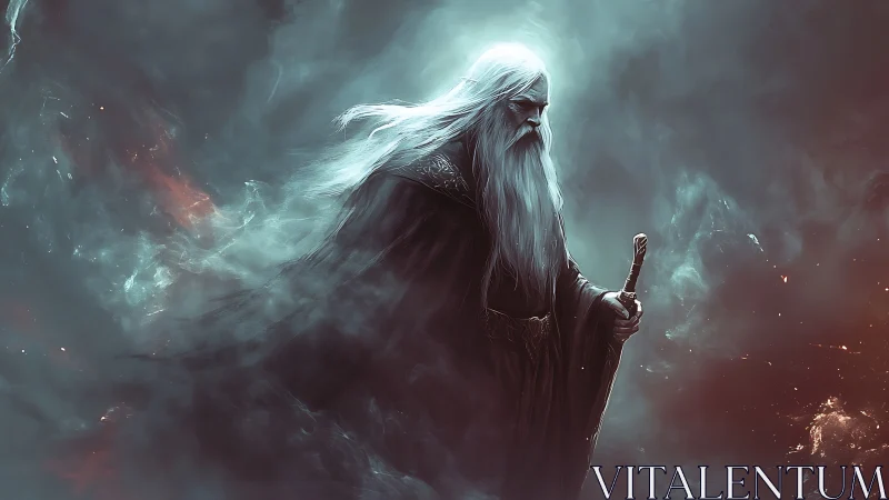 Elderly robed figure with staff in swirling misty void.