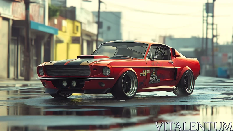 Red classic muscle car on wet urban street at sunrise.