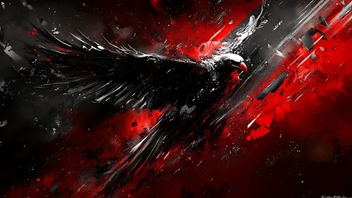 Kinetic digital raptor bursting through red and black abstraction