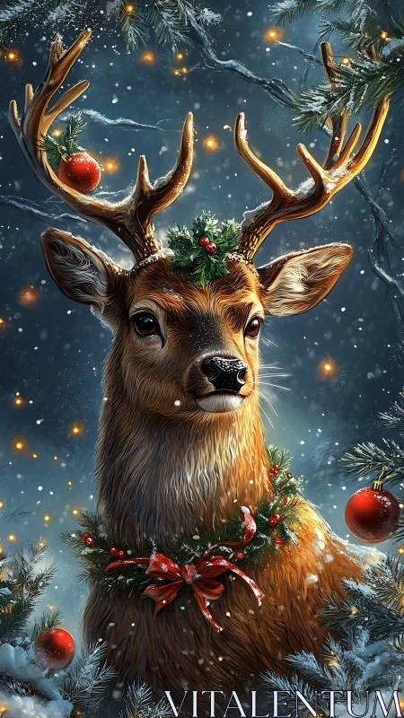 Regal Yule Reindeer crowned in twinkling winter garlands.