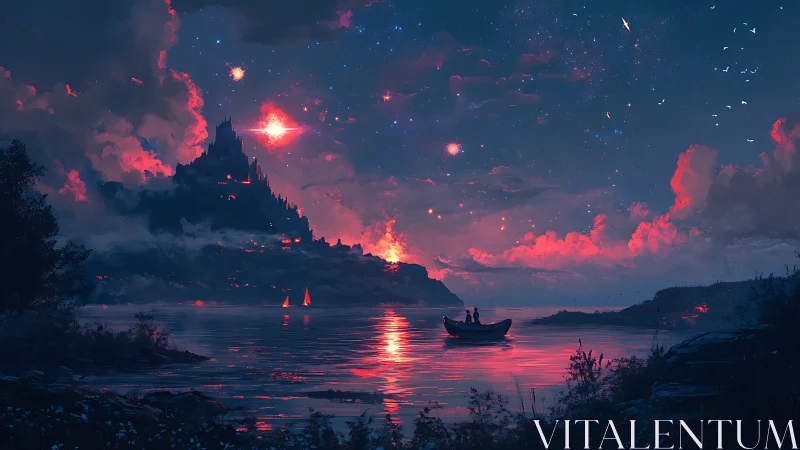Boat drifts toward glowing cliff city under radiant red sky