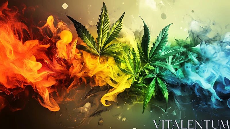 Cannabis leaves intersect colored smoke gradients horizontally