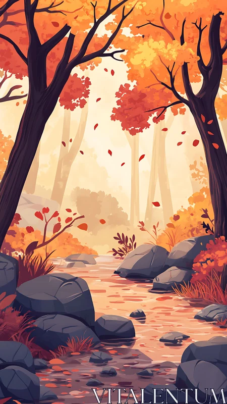 Autumn forest scene with stream and falling foliage.