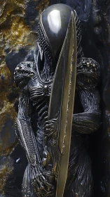 Biomechanical alien sentry with translucent monolithic sword