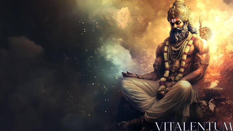 Divine sage in cosmic meditation with radiant golden aura.