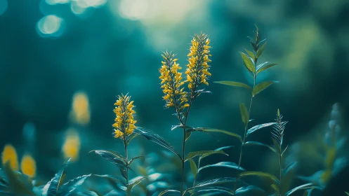 Yellow wildflower spikes stand against a soft teal bokeh field