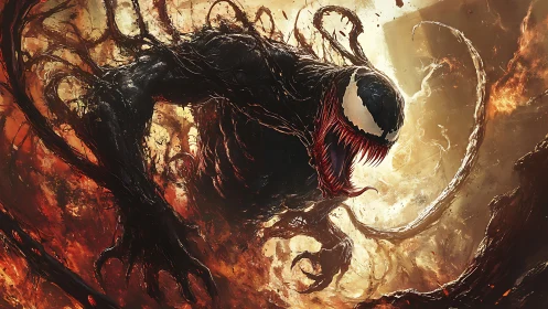 Snarling symbiote erupting from molten chaos storm.