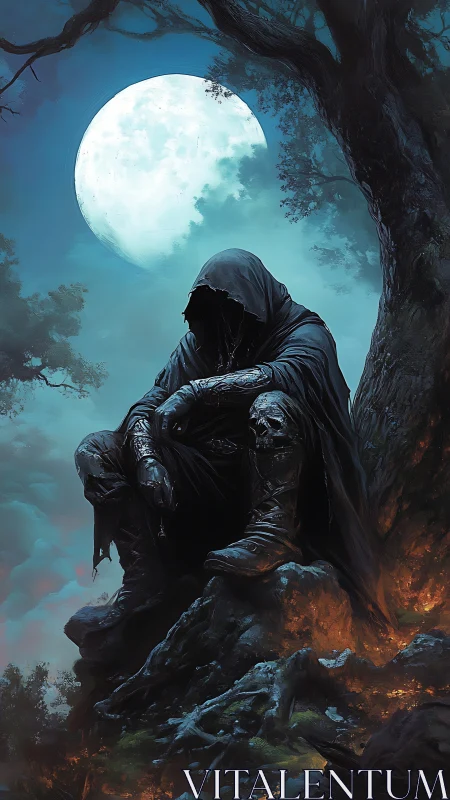 Midnight watcher resting beneath a restless blue moon.