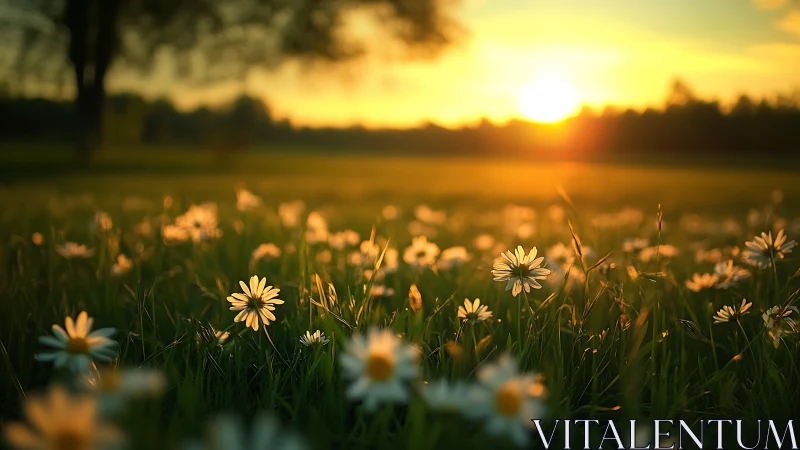 Sunlit meadow daisies under warm golden sunset glow.