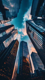 Skyscrapers rise into a neon dusk sky over the city core.