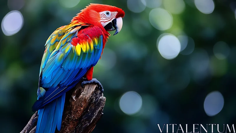 Vibrant Scarlet Macaw Perched on Tree in Soft Bokeh Style.