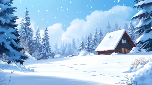 Snow covered forest cabin under clear winter sky.