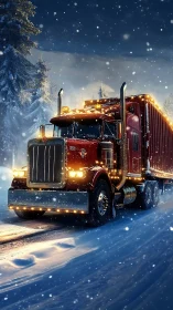 Illuminated red semi truck hauls container trailer through snowy forest night
