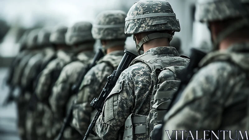 Row of uniformed soldiers stands in formation during duty