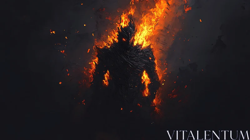 Flaming shadow warrior emerges through molten darkness.