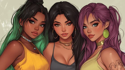 Trio of stylish friends glowing in soft, sunlit confidence.