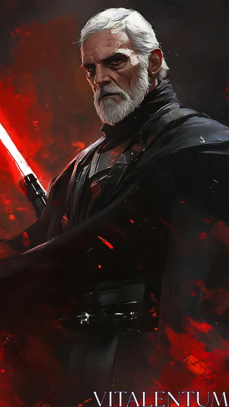 Grim elder warlord wielding crimson energy blade in fire.