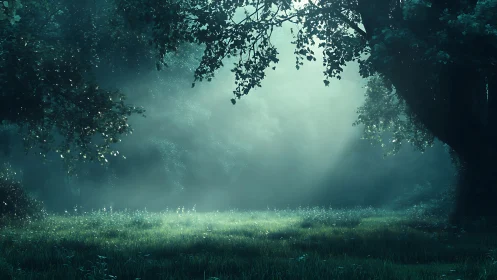 Enchanted forest clearing with volumetric light diffusion through layered foliage canopy