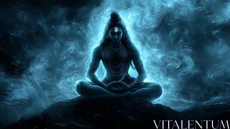 Luminescent seated deity in meditative lotus amid spectral mist