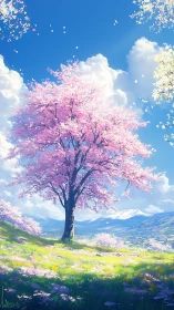 Pink cherry tree on sunlit hillside under blue spring sky.