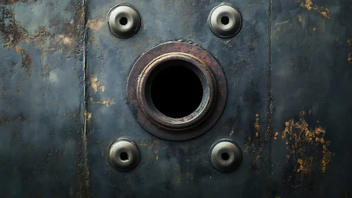 Rusty industrial metal plate with circular openings detail.