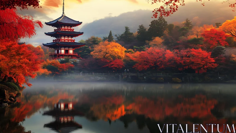 Crimson pagoda dreaming above mist-kissed autumn mirror.