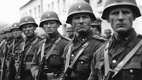 Disciplined soldiers stand in formation with focused resolve