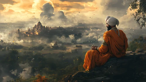 Golden dawn watches a serene sage overlooking a misty kingdom