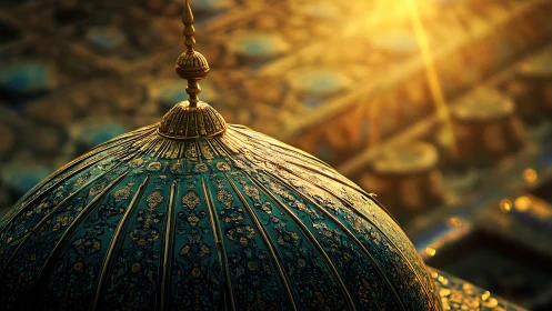 Golden sunset over ornate turquoise mosque dome.