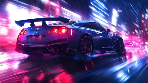 Neon blue sports car racing through futuristic city streets.