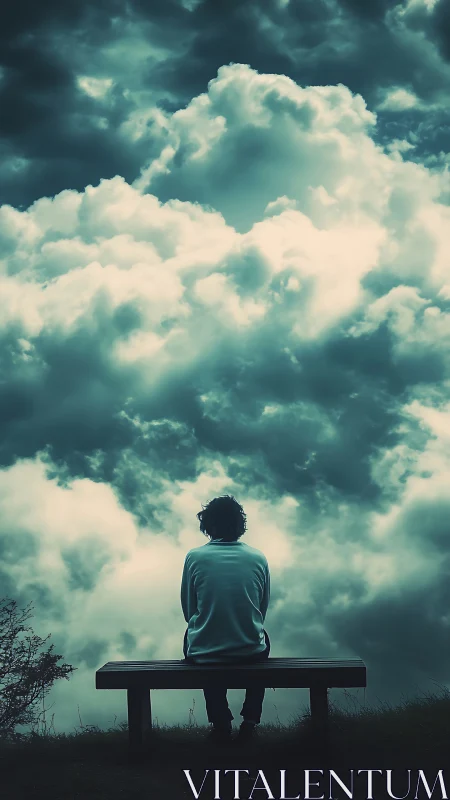 Solitary figure on bench beneath dramatic storm clouds.