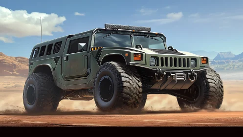 Desert-optimized tactical SUV with oversized all-terrain tires.