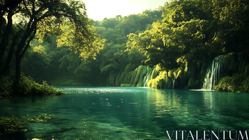 Forest lake with waterfalls under diffuse evening light.