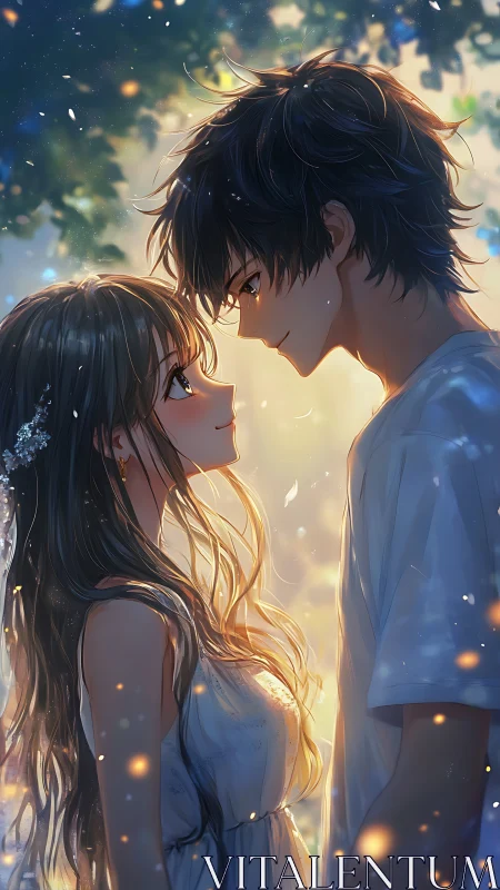 Romantic anime couple standing close in warm evening light.