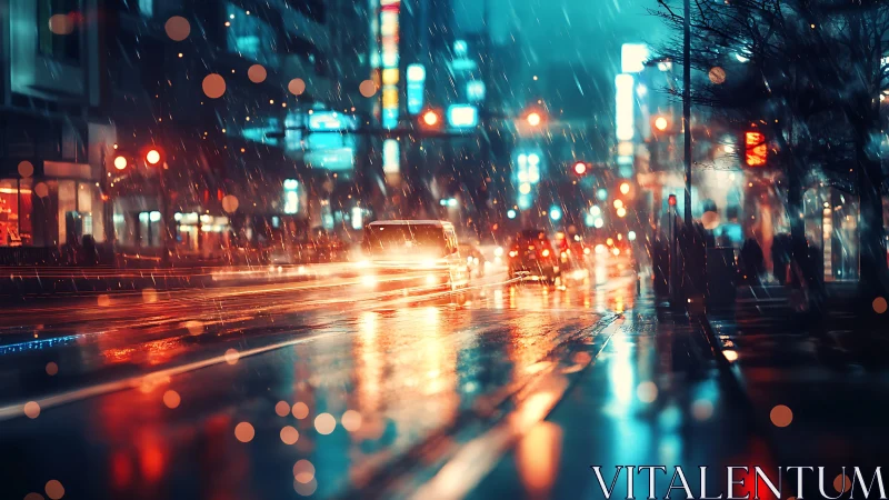 Nocturnal urban boulevard in rainfall with neon bokeh trails