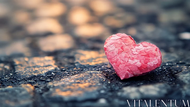 A Delicate Pink Heart Rests on Weathered Stone