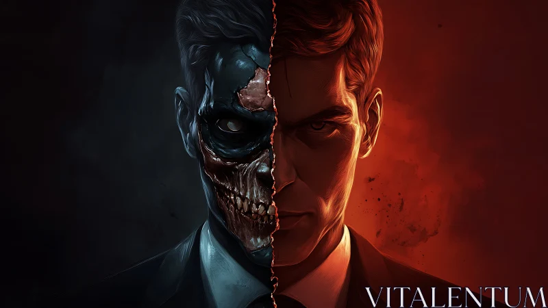 Corporate demon unveiled in a split inferno of moral ash.