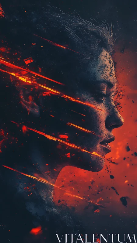 Fiery side-profile portrait dissolving into ember streaks.
