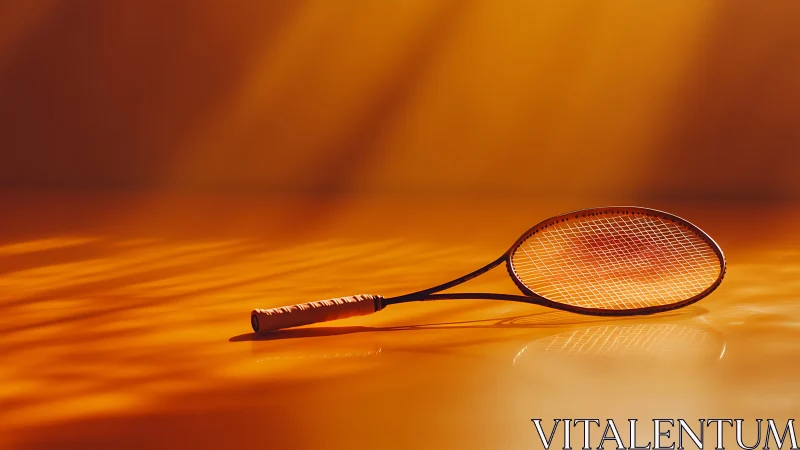 Badminton racket lies on reflective orange surface horizontally