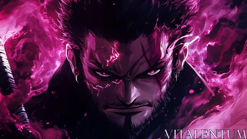 Intense anime warrior portrait with vivid purple energy.