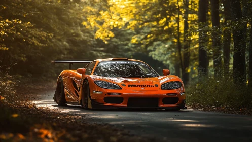 Track-tuned orange supercar advances through sunlit forest lane