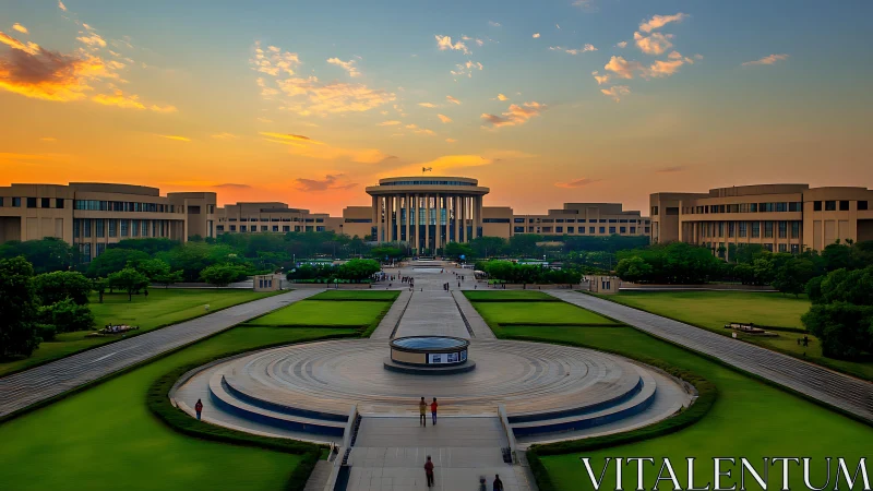 Symmetrical civic campus under sunset-illuminated axial perspective.