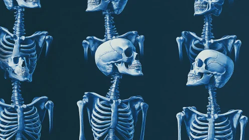 Repetitive axial skeleton array in cyanotic tonal rendering.