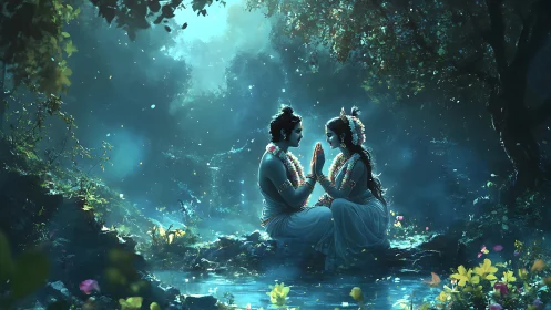 Divine lovers in moonlit forest beside glowing waterway.