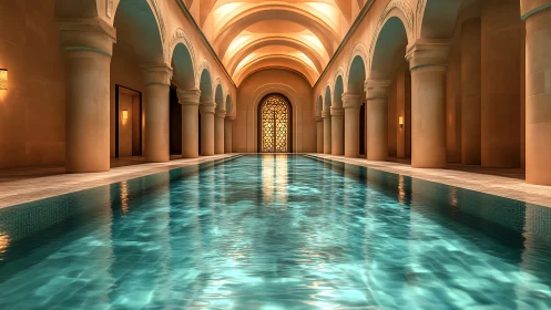 Luxurious indoor pool glows beneath elegant arched colonnade