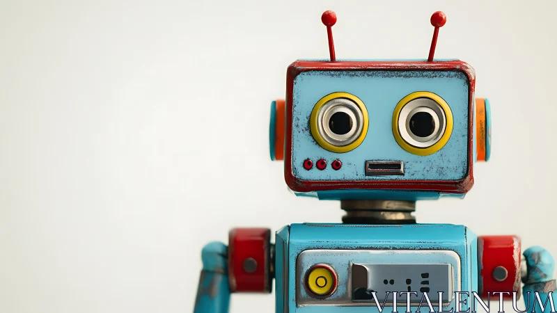 Cheerful retro toy robot gazes forward with playful charm