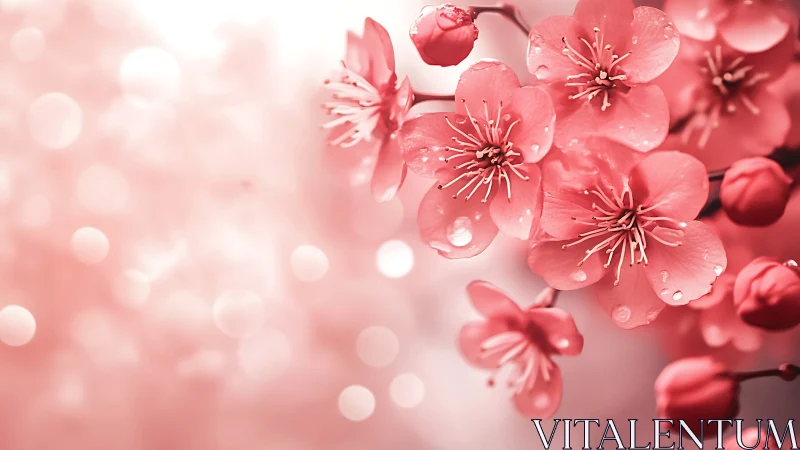 Pink cherry blossoms with dewdrops in dreamy bokeh field.