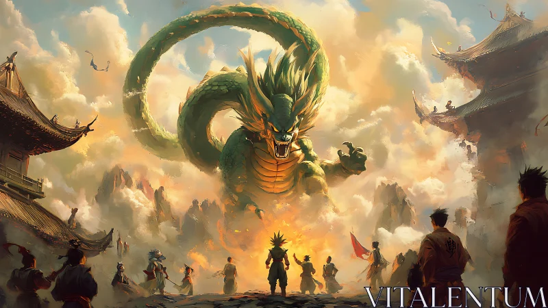 Mythic green dragon over temple courtyard in battle stance.