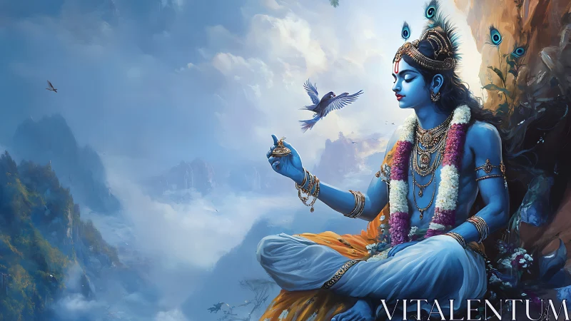 Divine blue deity in serene mountain sky meditation scene.